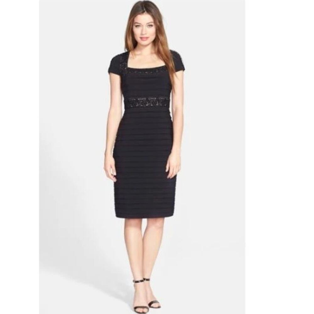 Adrianna Papell Cocktail Dress 10 Black Pleated Lace Party Sheath Holiday Party